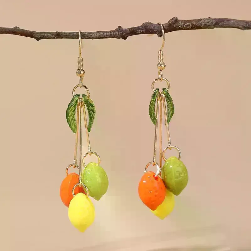 Summer Beach Cute Fruit Pendant Earrings Lemon Tangerine Shape Durable Fadeless Jewelry for Women Vacation Outfits
