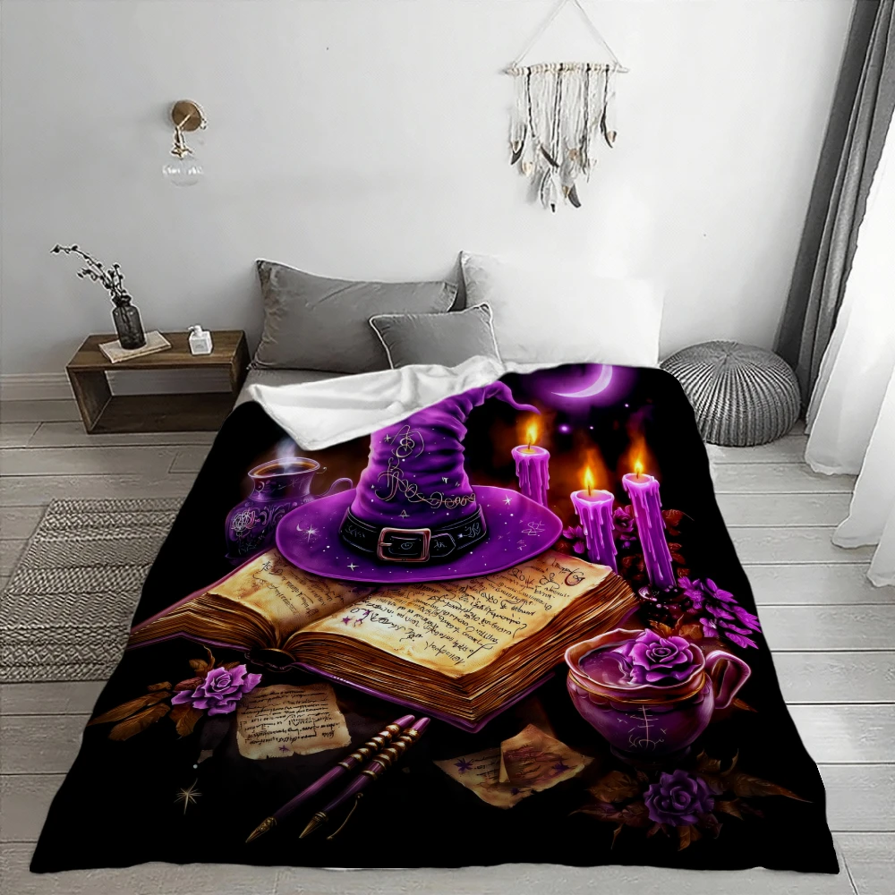 Purple Witch Hat And Spellbook, Gift for Magic Lovers, Blanket, Candles And Roses Design, Home Decor, Soft Cozy Multi-Purpose, f
