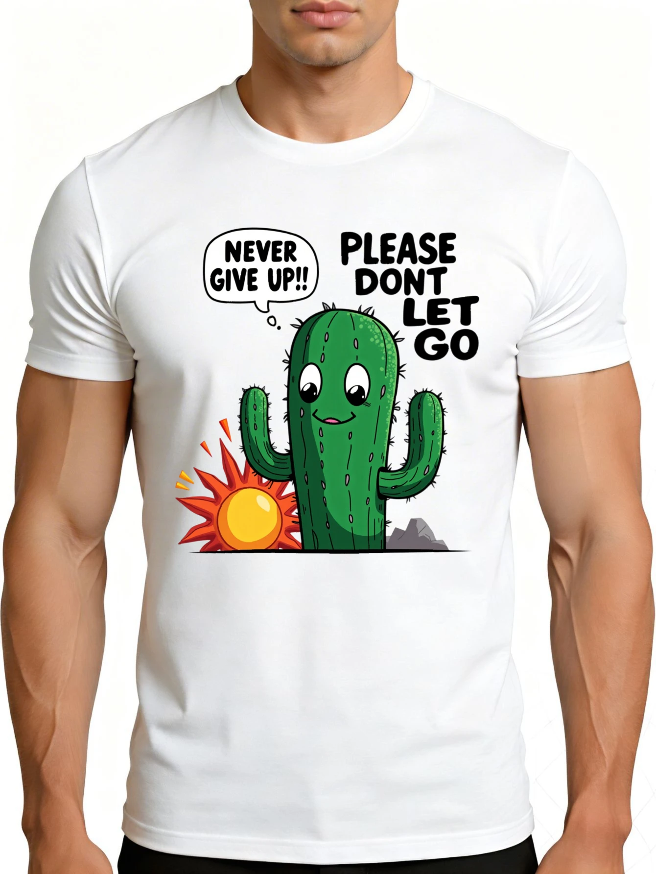 Men's Graphic T-Shirt - Breathable, Soft, Lightweight - Cactus with Dialog Bubble Sun - Vintage Fun Graphic Casual Short Sleeve Summer Top, Gift for Him