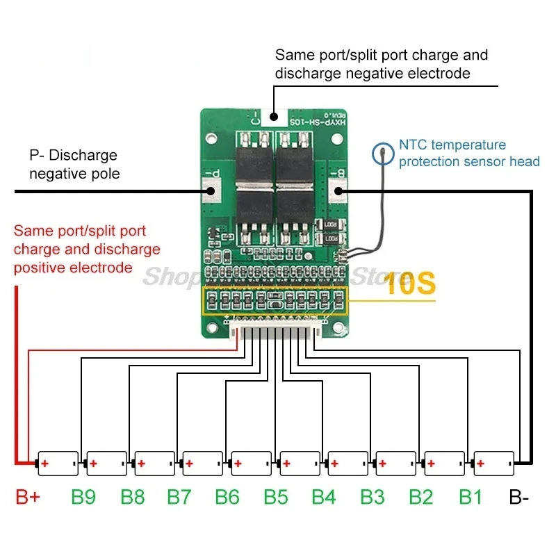 Placa de protección de batería de litio 18650 de celda de polímero BMS 10S 42V 15A con Control de temperatura incorporado de equilibrio