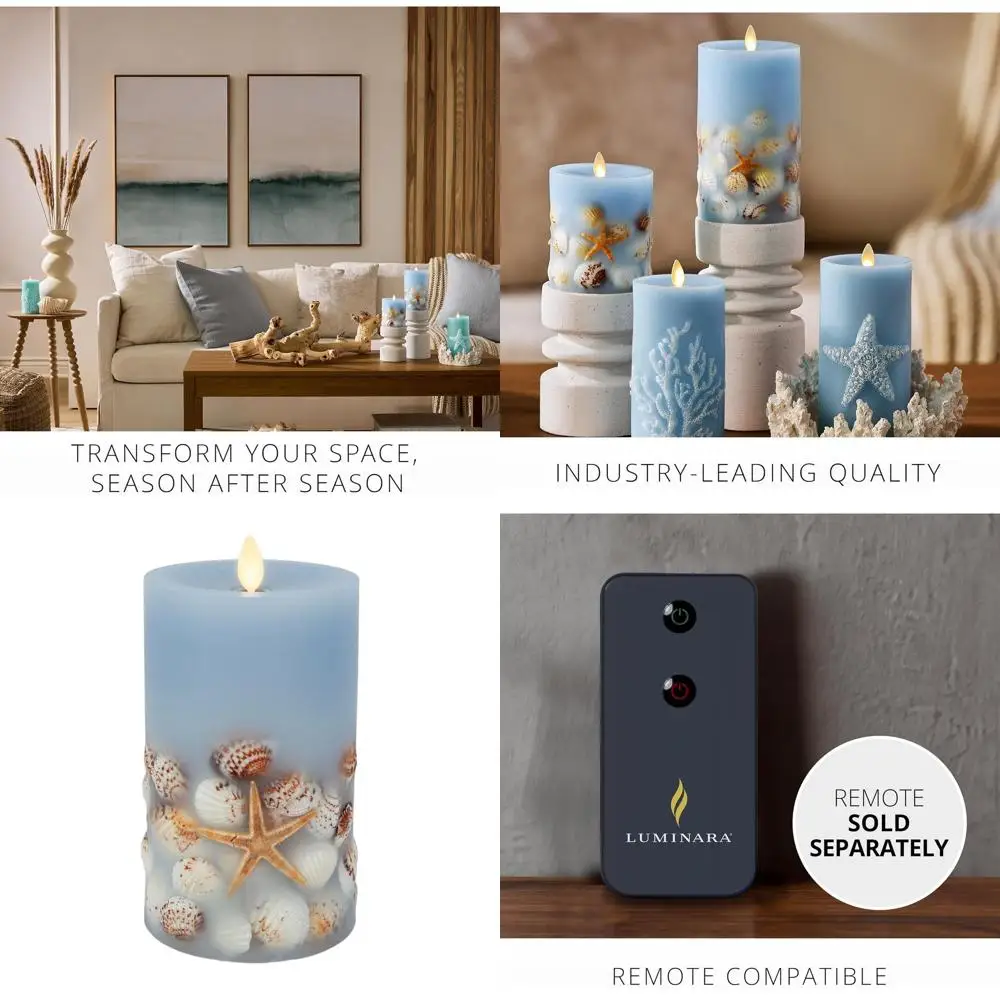

6.5-inch Unscented Real Wax LED Candle with Seashell & Starfish, Recessed Edge