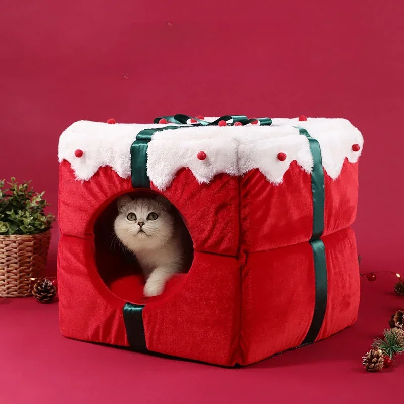 

Christmas Gift Box Cat Nest Warm Large Space Winter Pet Nest Fully Enclosed Small Dog Nest