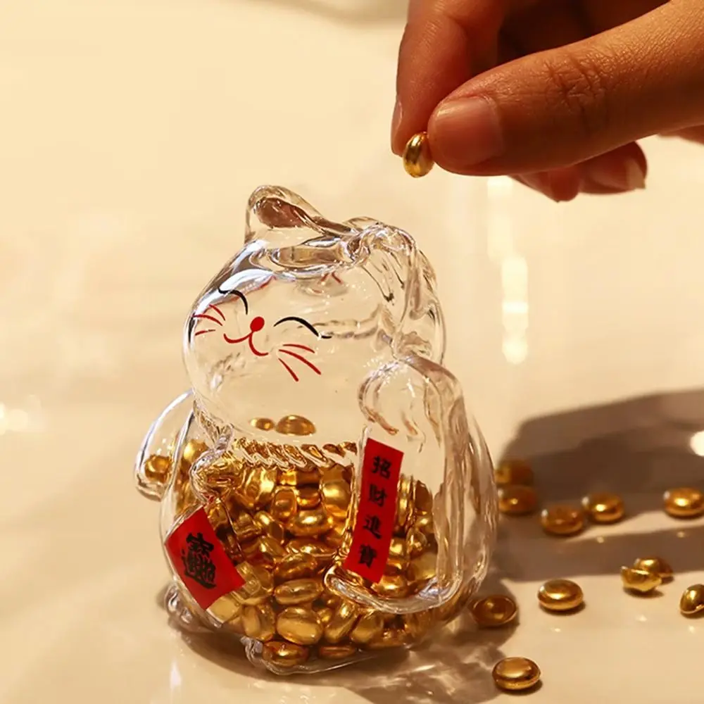New Lucky Cat Piggy Bank Clear Glass Money Jar Mini Cartoon Golden Bean Storage Bottle for Living Room Office Decor