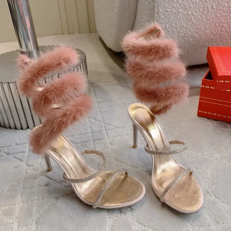 

New Open Toe Rhinestone Mink Snake Wrap Strap Sandals Feminine Fluffy Stiletto Heels