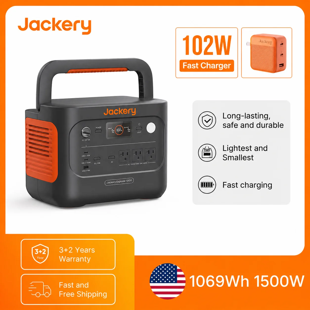 

Jackery Explorer 1000v2 Portable Power Station and 102W Fast Charger, Solar Generator for for Outdoor, Camping