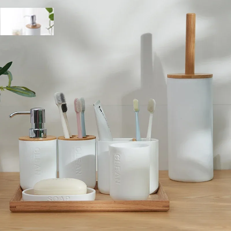 

Bathroom Accessories Set Designer Soap Lotion Dispenser Toothbrush Holder Soap Dish Tumbler or Wood Bottle Cup White ToiletBrush