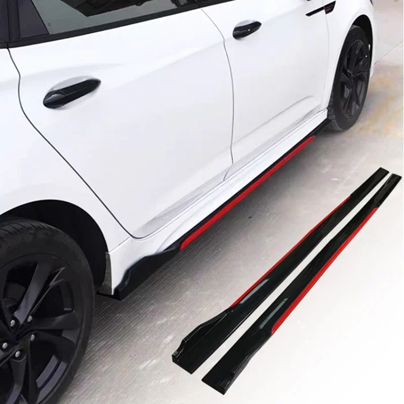 2.2M Two-Piece Blade Side Skirts, Universal Car Modification Anti-Collision Side Splitter, Gloss Black With Red Edge