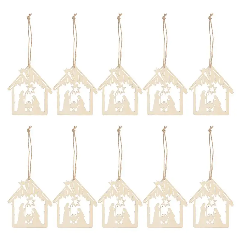 20pcs Wooden DIY House Shape Christmas Decoration The Birth Of Jesus Pattern Pendant With Hemp Rope Wood Pendent (Khaki)