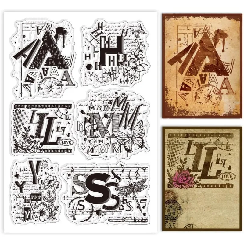 1 Blatt Vintage Buchstaben Hintergrund Klare Stempel für DIY Scrapbooking Retro Schmetterling Silikon Klare Stempel Siegel Transparent