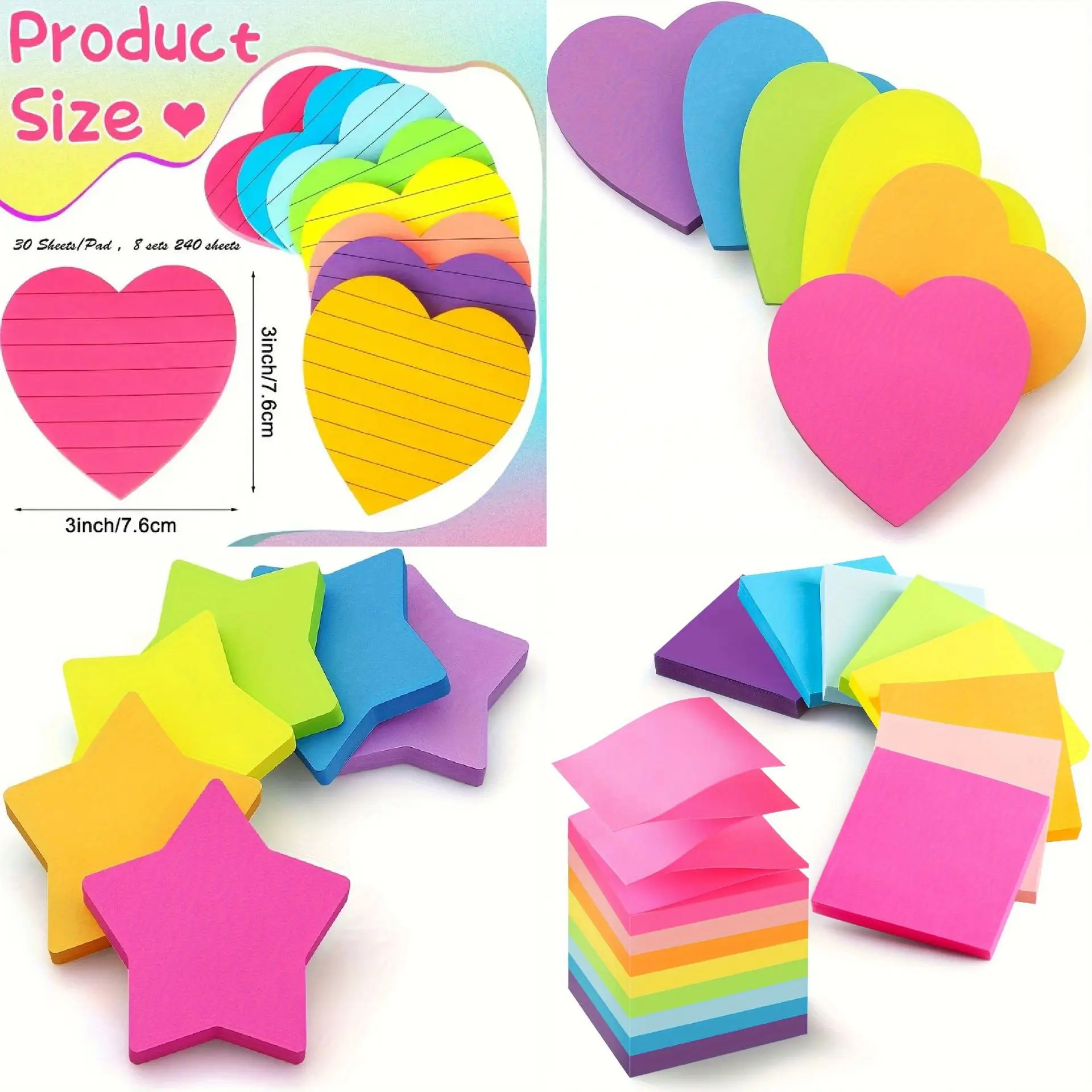 8 Books/pack, 1book/30sheet 8-color Horizontal Fluorescent Heart-shaped Sticky Notes, Pentagonal Star Shaped Creative Extraction