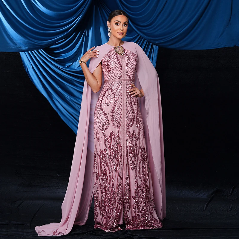 Vestidos rosa femininos manga voadora o pescoço lantejoulas ocasião formal cocktail baile de formatura festa noite longo maxi vestido 2025