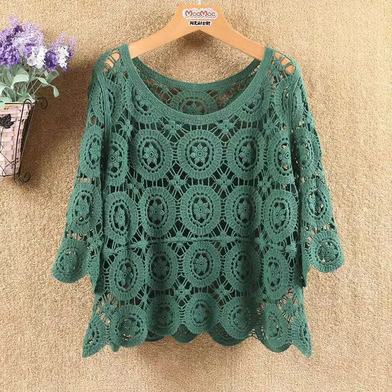 Lace Top Women\'s Short Hollow Knitted Blouse New Loose Spring and Summer Round Neck Five-point Sleeve Handmade Sweater Female