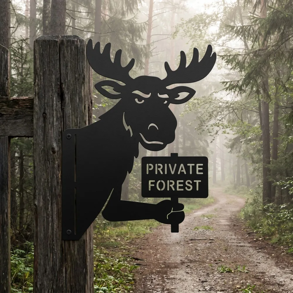 Moose Metal Yard Sign, 'Private Forest' Peeking Moose Outdoor Decor, Black Metal Art for Fence Post & Garden