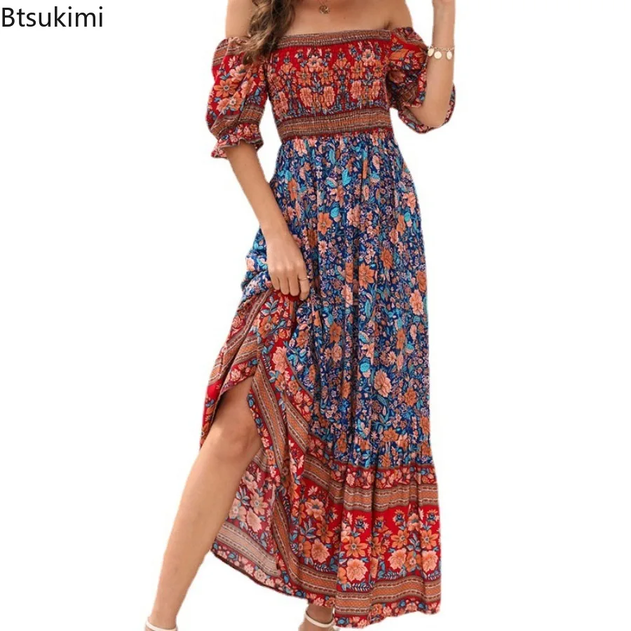 Nieuwe 2024 Dames Zomer Boho Bloemenprint Strand Zonnejurk Korte Mouw Vierkante Hals Ruche Geplooide Jurk Voor Meisjes Bohemien Jurk