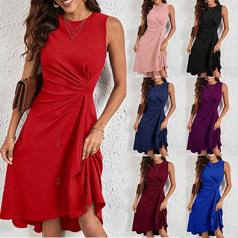 

Summer Women Sleeveless Solid A Line Pleated Midi Dress Dresses Spring Summer Fashion Casual