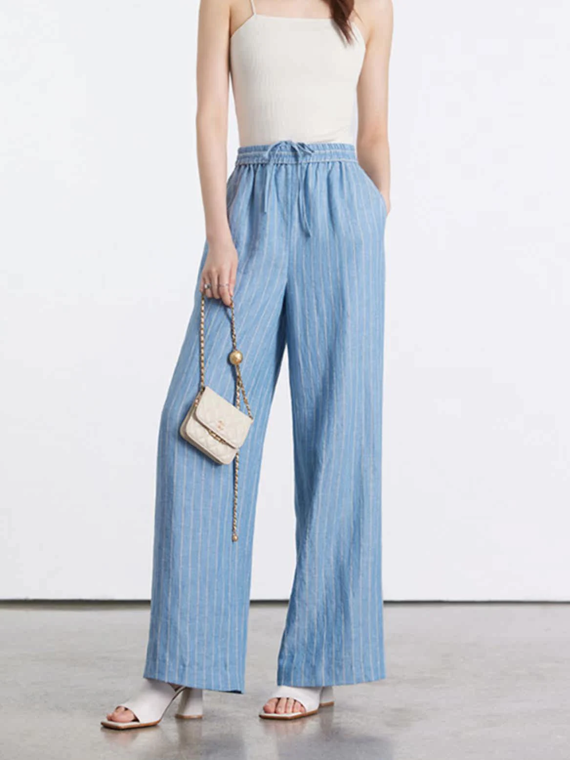 

Comfortable Wide Leg Pants Soft Thin Breathable Faionable Casual Trousers Color Woven Stripe Linen High Waist Commute Sle