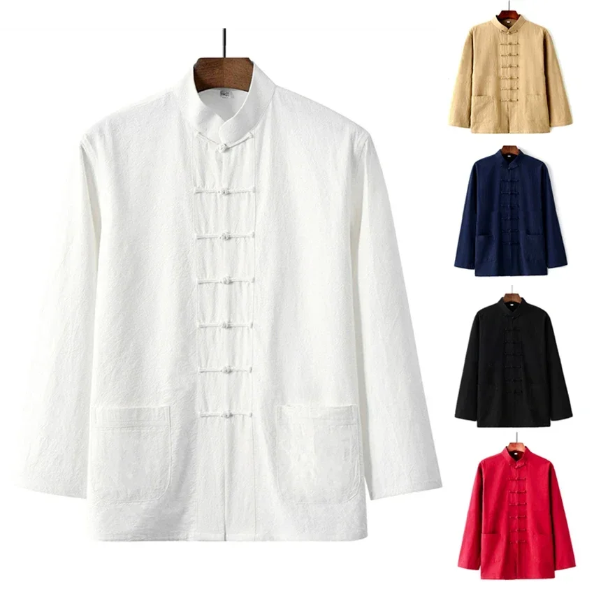 

Men's Chinese Traditional Shirts Long Sleeve Tang Suit Top Button Pocket Kung Fu Uniform Linen Retro Tai Chi Street Fashion