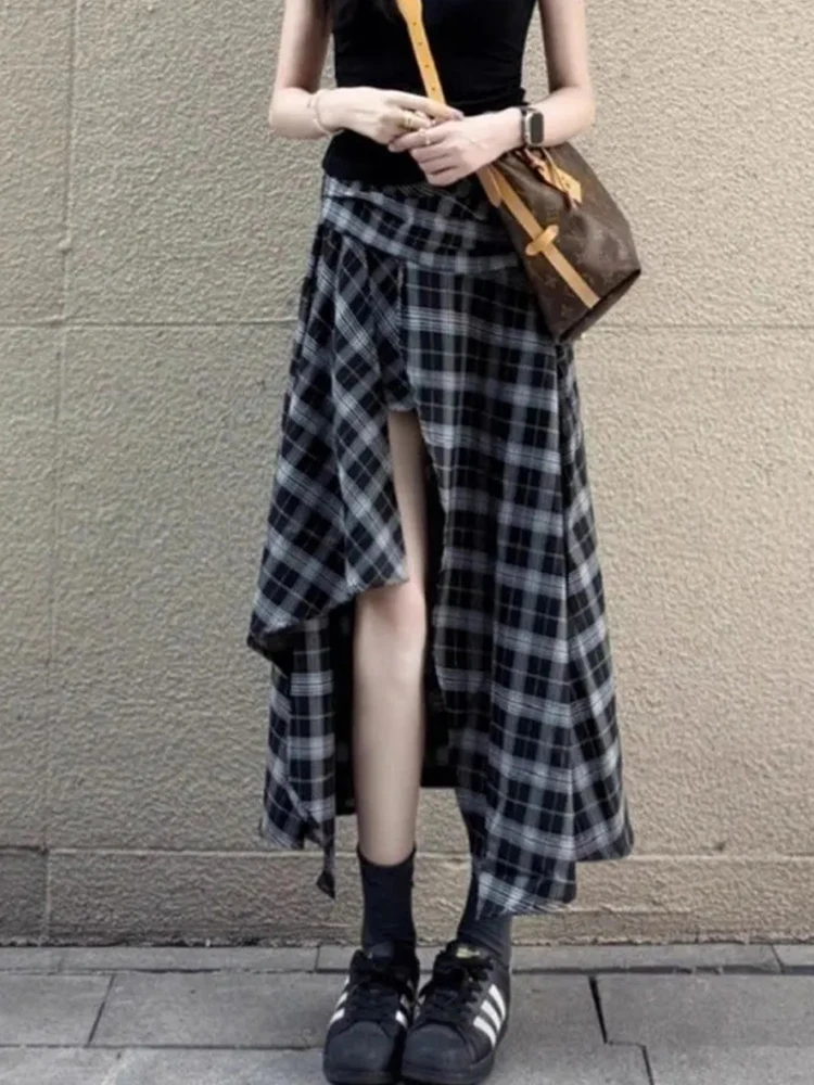 Sexy Slit Plaid Long Skirt Women Streetwear Retro High Waist Irregular Skirts Summer American Casual Vintage Harajuku Y2K Skirt