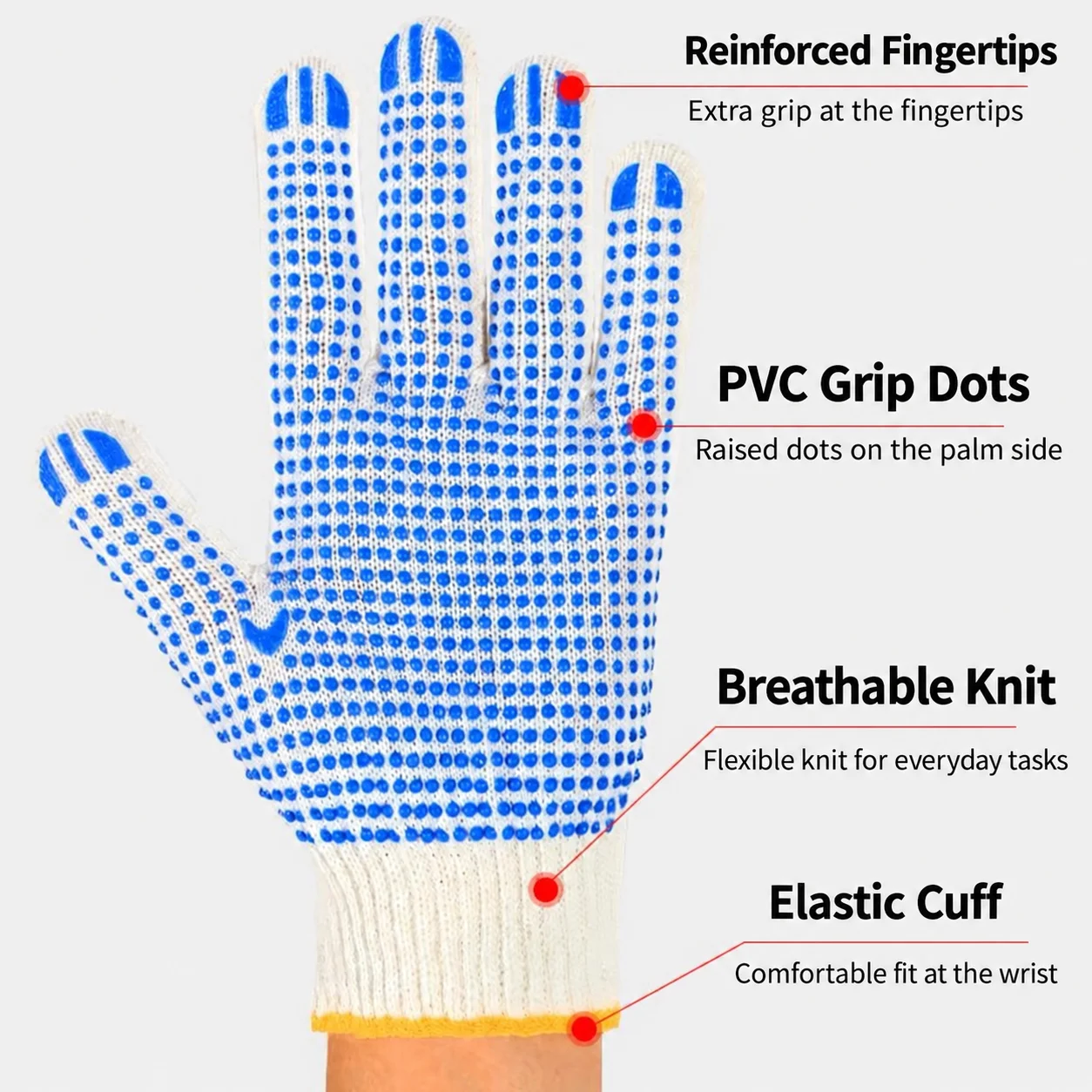 PVC Dotted Work Gloves Non Slip Grip Knit Safety Gloves for Warehouse Packing Moving Gardening General Handling
