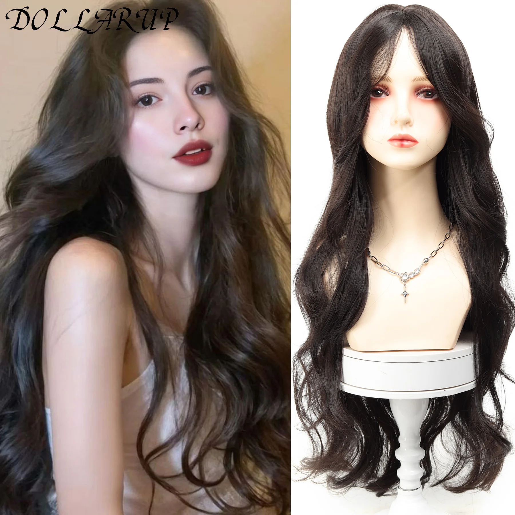 

DOLLARUP Popular Brown Ash Long Deep Wave Hair Lolita Wigs With Bangs Synthetic Wig For Women Fashion Thick Curls Wigs Girl