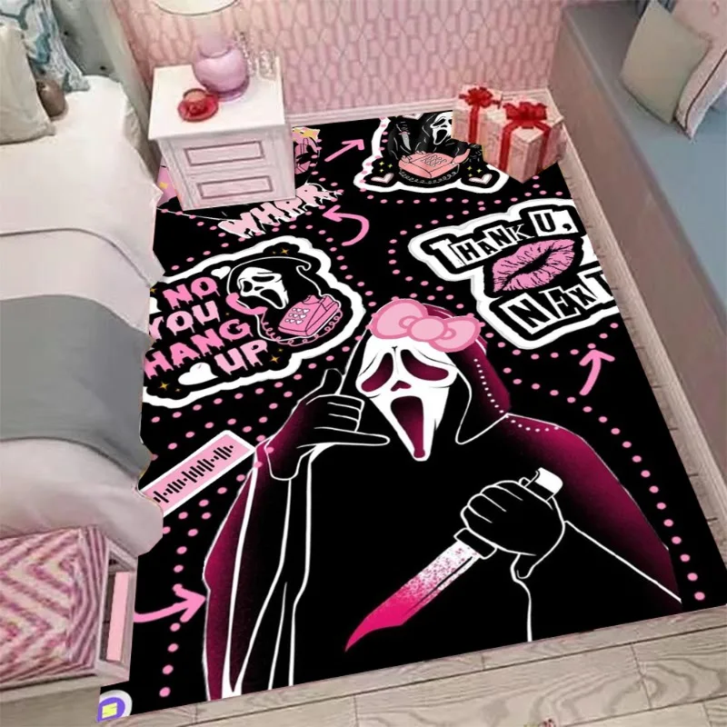 Dark Carpet Mat Rug Horror Scream Mask Pink Skull Pumpkin Ghost Print Halloween Home Decoration Living Room Floor Decor Carpet
