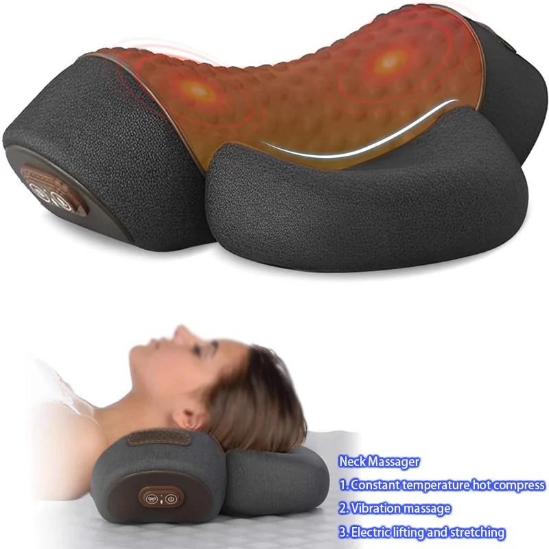 Smart Hot Compress Shiatsu Vibration Pain Relief Memory Foam Cervical Neck Support Back Traction Heat Massage Pillow