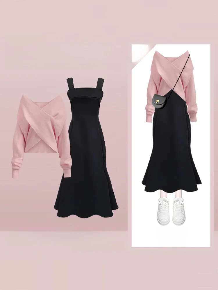 

Fall Fashion Women's Short V-neck Knitwear Waist-cinched Strap Fish-tail Skirt Two-piece Set French Style Casual Wear