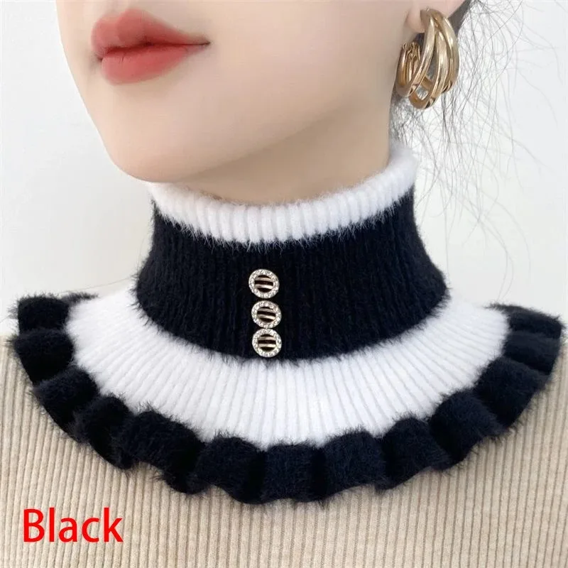 women's knitted mock collar, collar cover for neck protection, imitation mink fur, winter warm scarf, velvet rhinestone bib, cyc