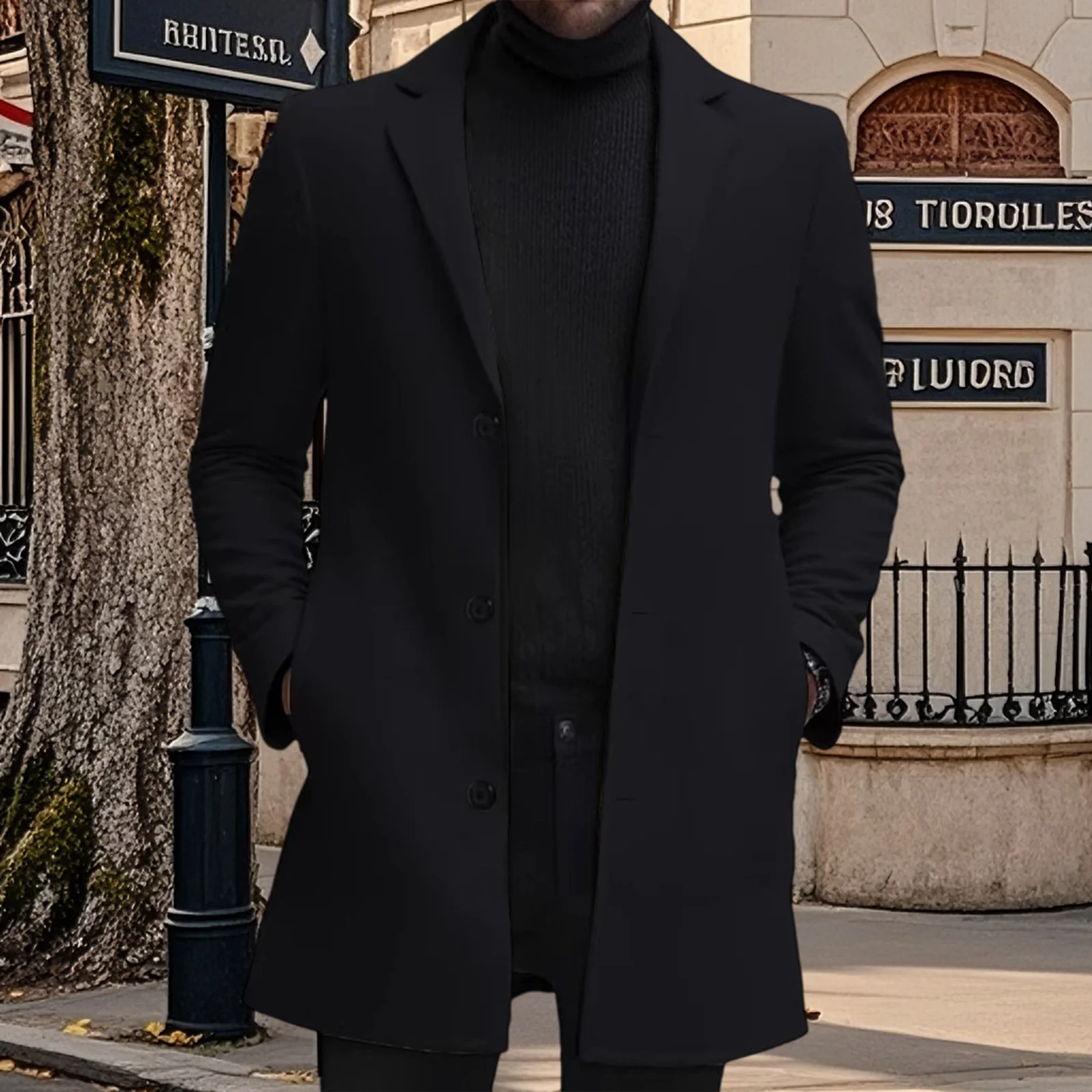 Men s Wool Pea Coat Solid Color Lapel Collar Single Breasted Jacket Warm Mid Length Winter Trench Coat