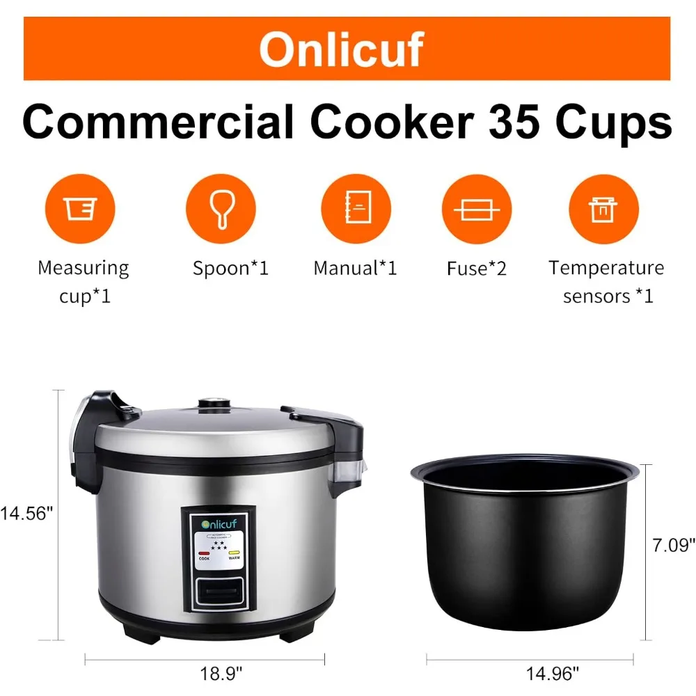 Onlicuf Commercial Rice Cooker 70-Cup Cooked (35-Cup Uncooked) Stainless Steel Housing 1550W for Restaurant