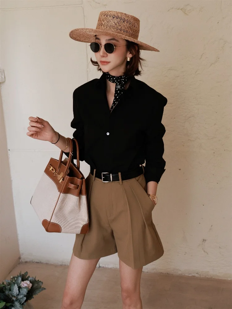 

Женская приталенная рубашка Ele Bla для офиса, весна 2025, с длинным рукавом, классический воротник, из вискозы и хлопка