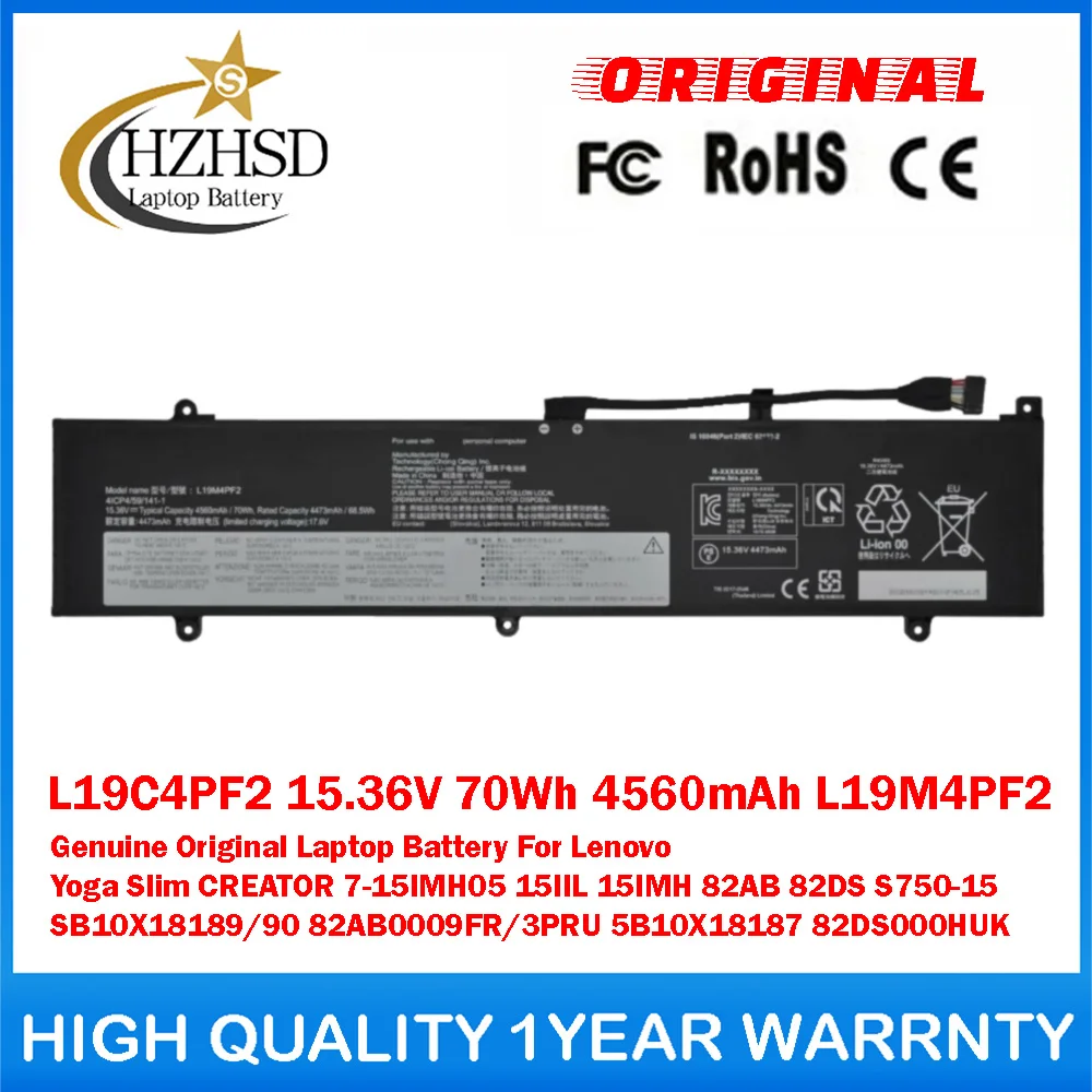 

L19C4PF2 15.36V 70Wh 4560mAh L19M4PF2 Genuine Original Laptop Battery For Lenovo Yoga Slim CREATOR 7-15IMH05 15IIL/IMH 82AB 82DS