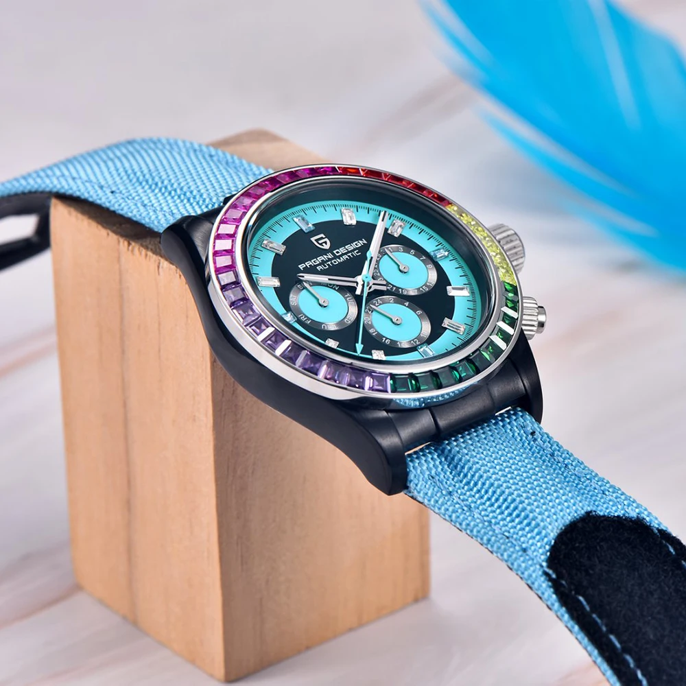 PAGANI DESIGN Men's Automatic Watches 40mm Rainbow Bezel Stainless Steel Waterproof Wrist Watches for Men Sport Unique Watches