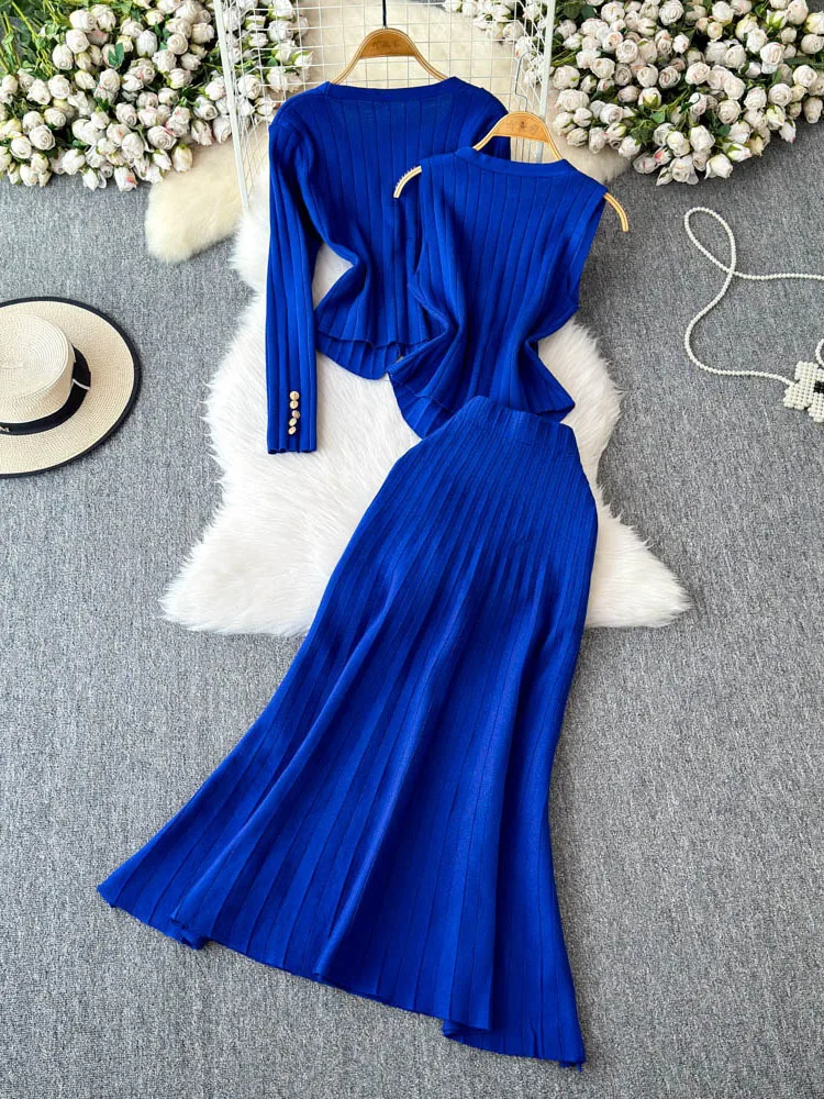 Women Knitted Three Piece Sets Autumn Winter Sleeveless Vest Metal Buckle Long Sleeve Cardigan High Waist Long Skirt Suits