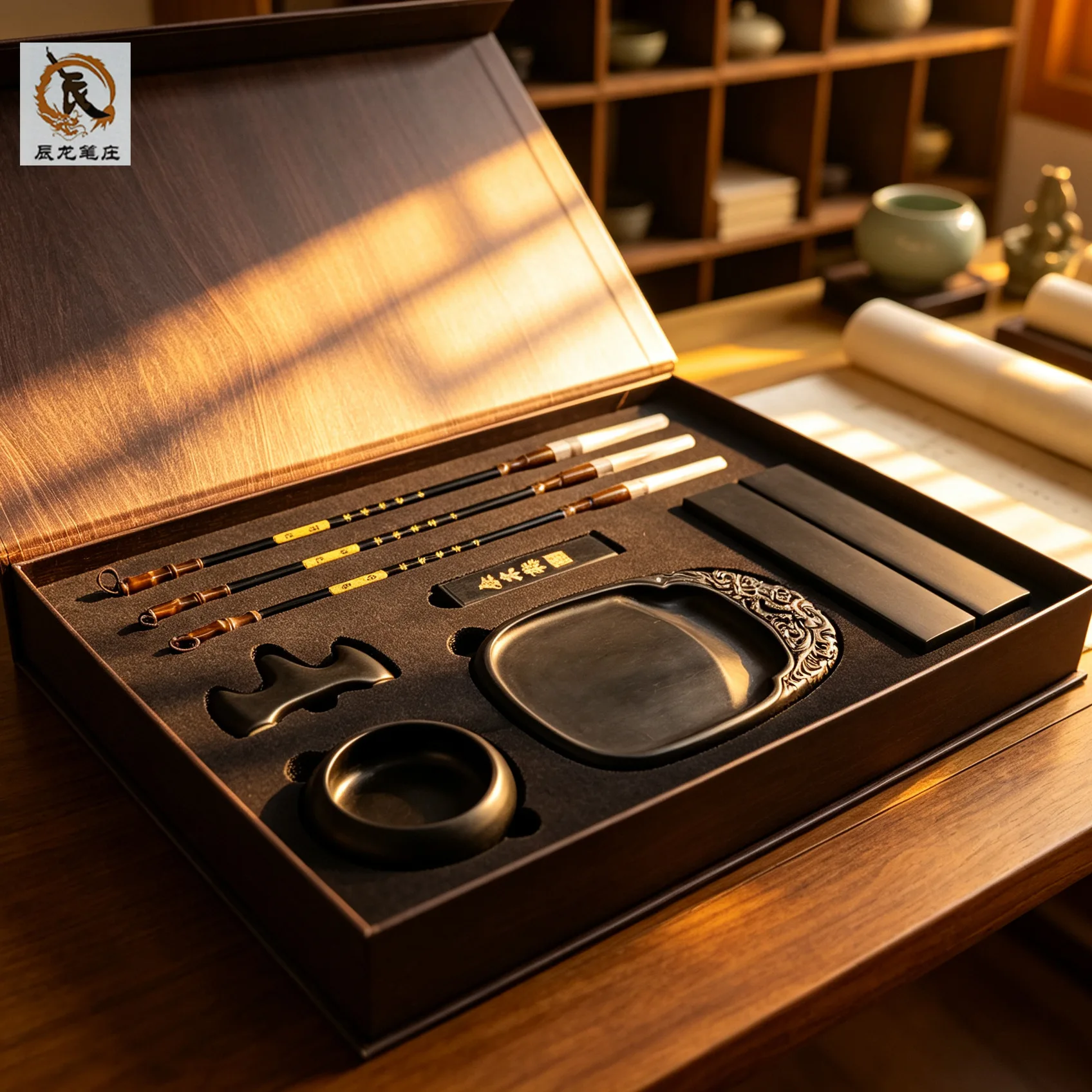 Chinese Calligraphy Set with Ink Stone Brush Ink and Xuan Paper Four Treasures Study Gift Box Kit for Beginners Professionals