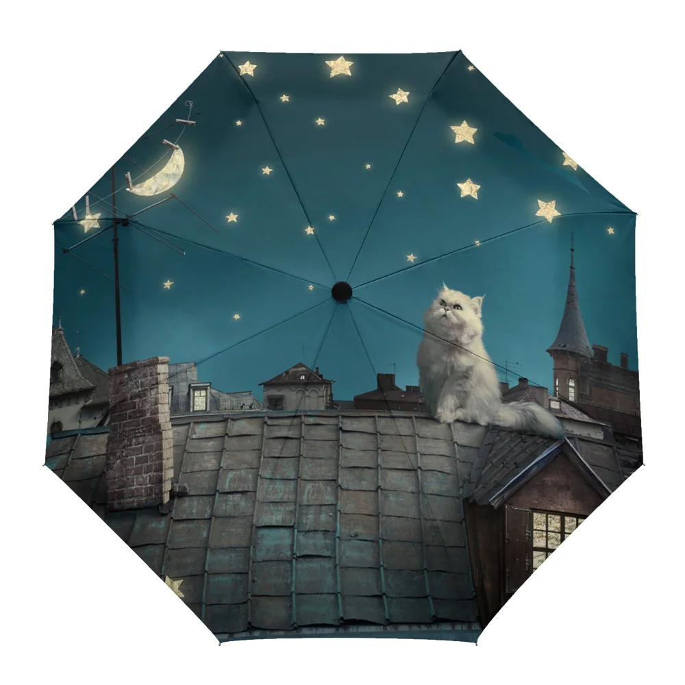 Roof Kitten Night Moon Stars Print Women Men Rain Umbrella Three Folding Girl Durable Portable Automatic Umbrellas Gift Parasol