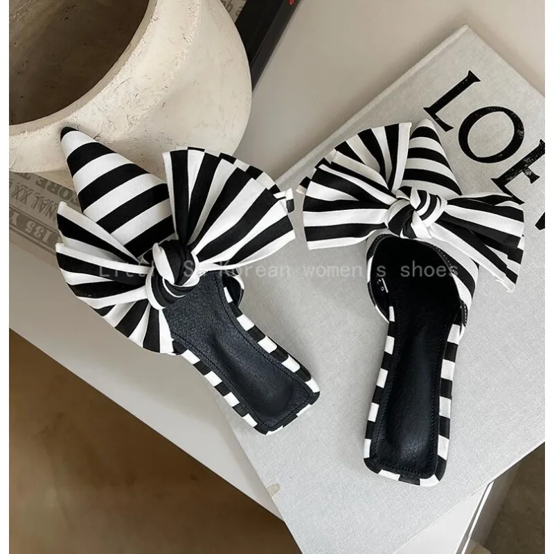 Luxury Designer Bowtie Mule Shoes Women's Fashion Pointed Toe Stripe Wave Slip-on Sandals Ladies Satin Silk Flat Slippers