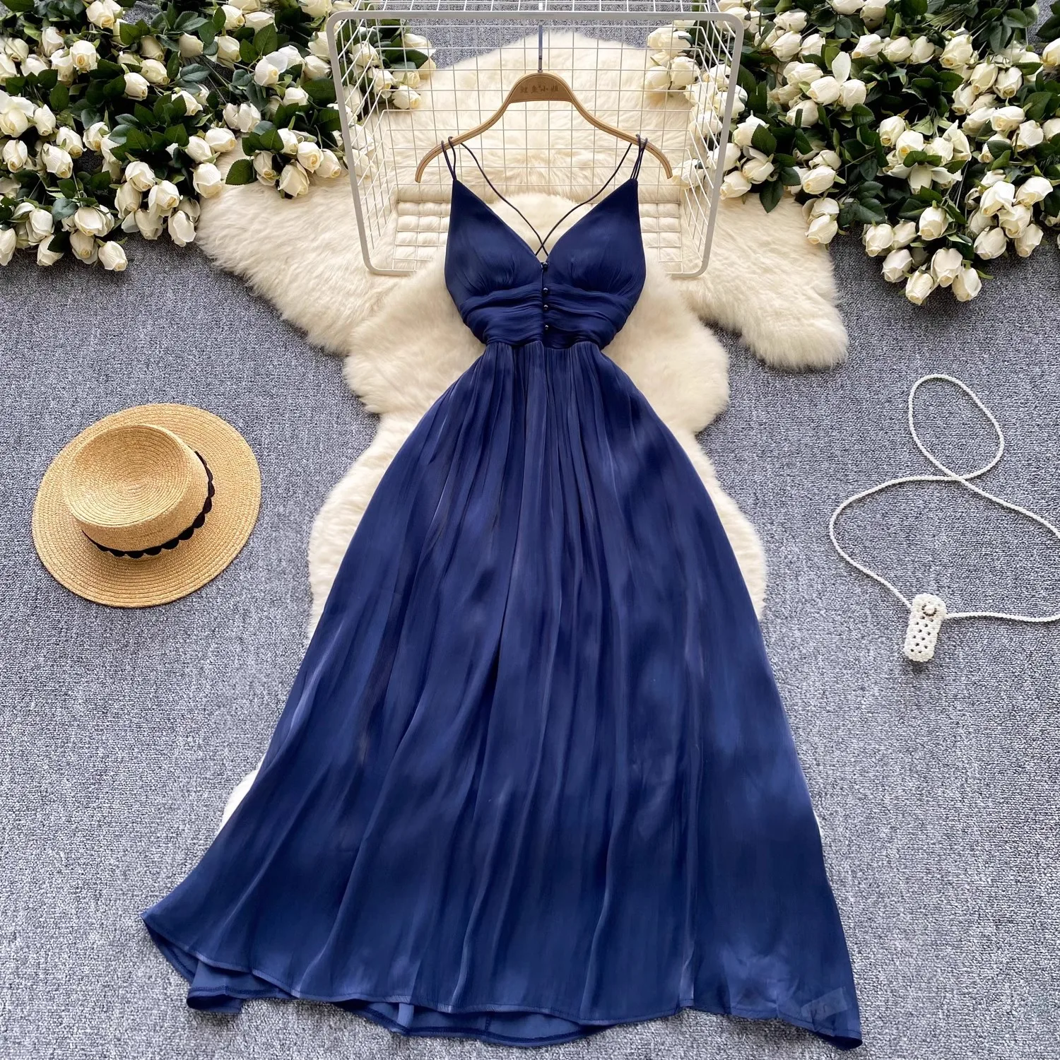 

Elegant Sexy Blue Dress Women Summer V Neck Sleeveless Spaghetti Strap Long Dress Party Dresses Vestidos