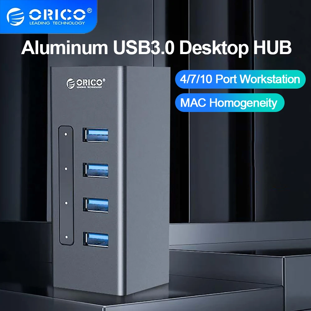 ORICO USB 3.0 Hub Aluminiowy szybki rozdzielacz USB Wiele 4/7/10 portów z zasilaczem 12 V Obsługa rozdzielacza ładowania BC 1.2