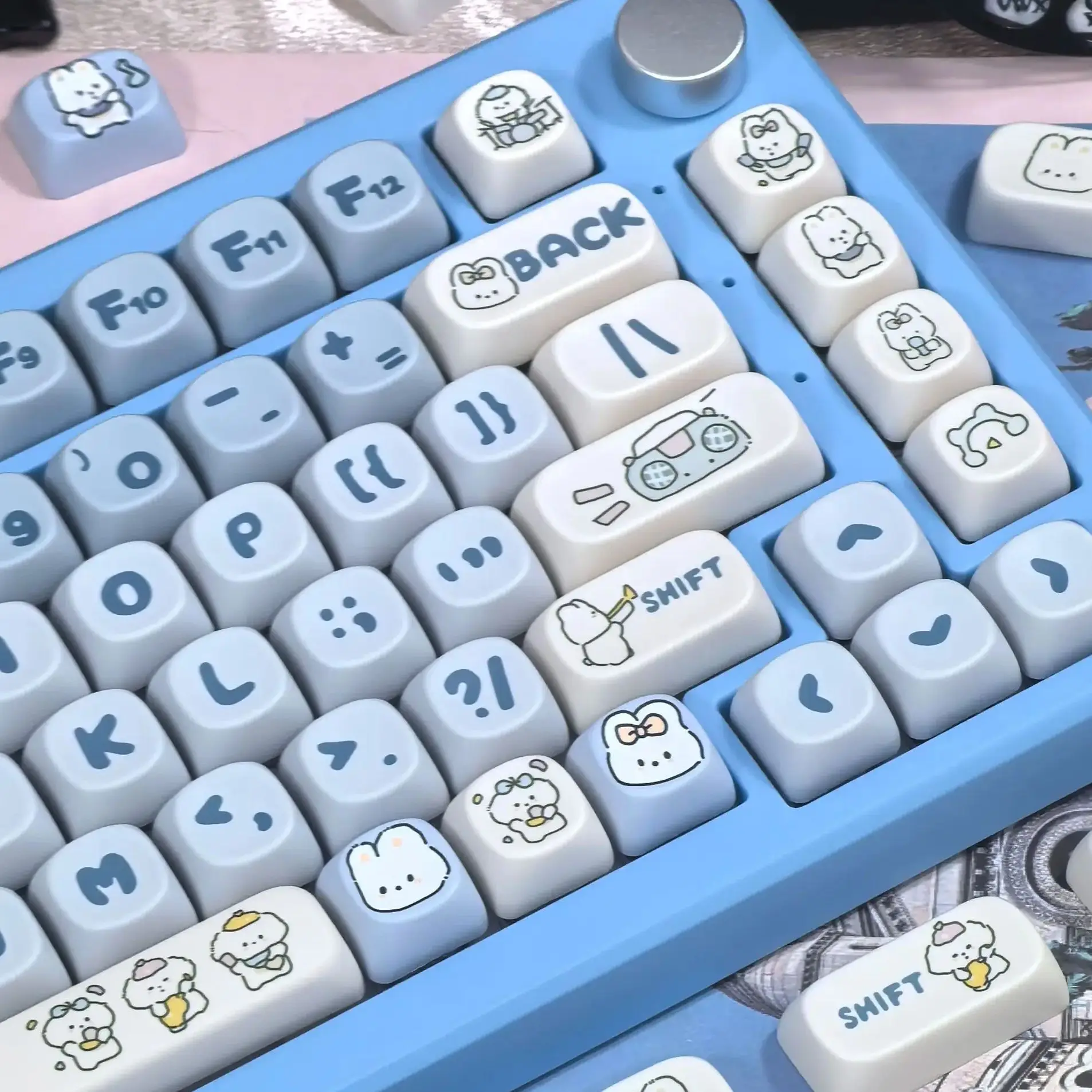 Keycap kelinci biru tema 112Key MOA PBT sublimasi untuk Keyboard Diy anak anjing berbintik Keycap anjing musik