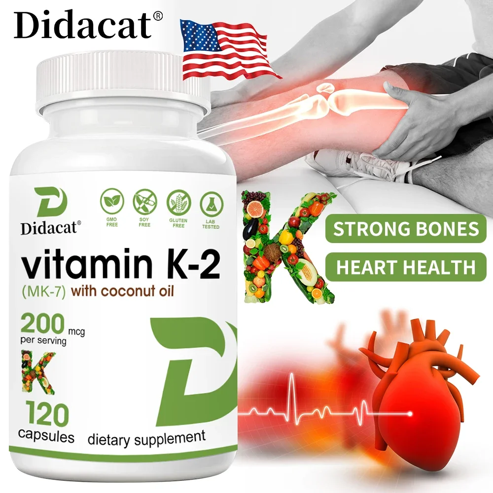 Vitamina K2 (MK-7) com óleo de coco 200MCG Cápsulas de vitamina não OGM, vegana, natural, sem glúten, metabolismo de cálcio, saúde óssea