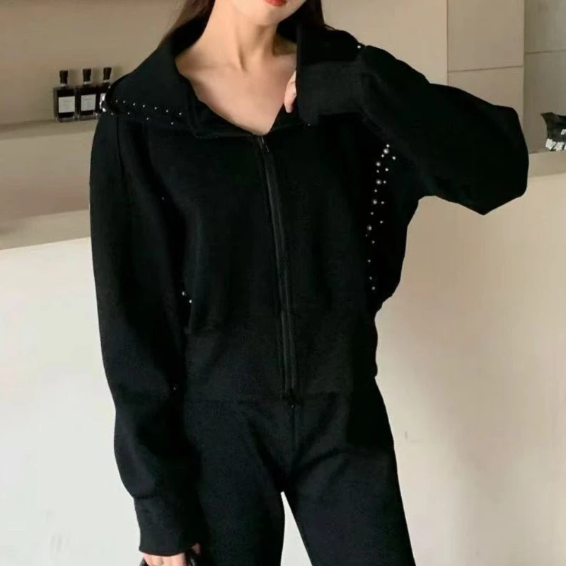 Pearl Black Hooded Sweatshirt, Loose and Versatile Short Cardigan Jacket