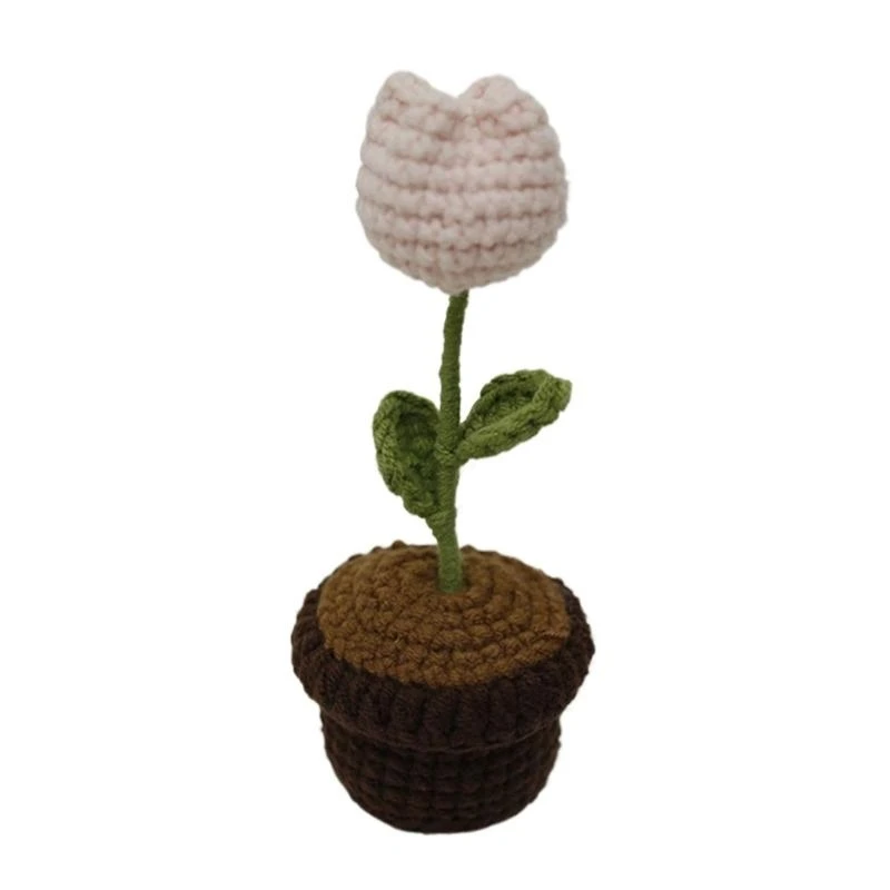 4X7B Crochet Heart Flower In Pots Knitted Wool Mini Flower Potted Plant Romantics Ornament for Valentines Day Gift