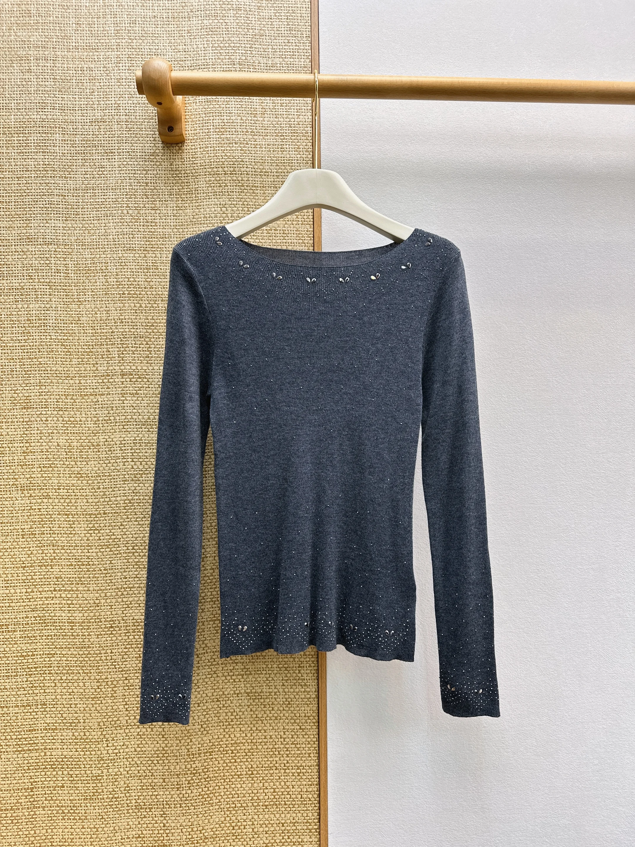 New Autumn Winter Rhinestone Boat Neck Knit Base Top, Fine Soft Wool Slim Long Sleeve Underwear Shirt