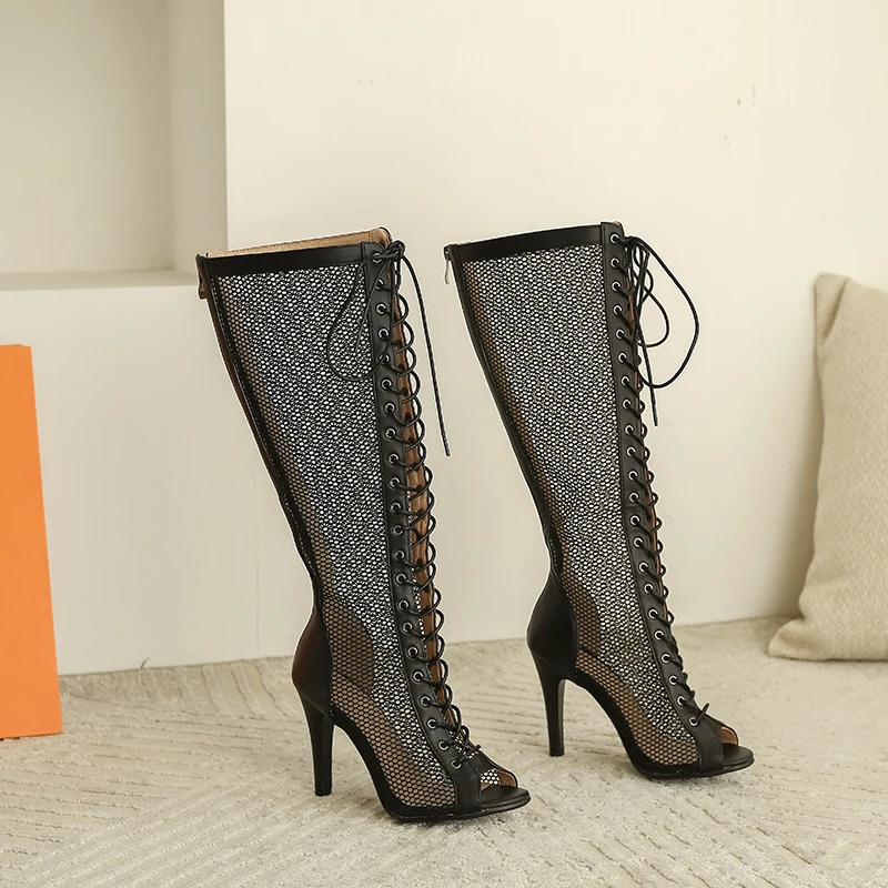 HROYL Over-the-knee Long-tube Ladies Dance Boots Sexy Lace Hollow Mesh Dance Boots Breathable Black Prom Dance Shoes Woman/Girls - Image 3