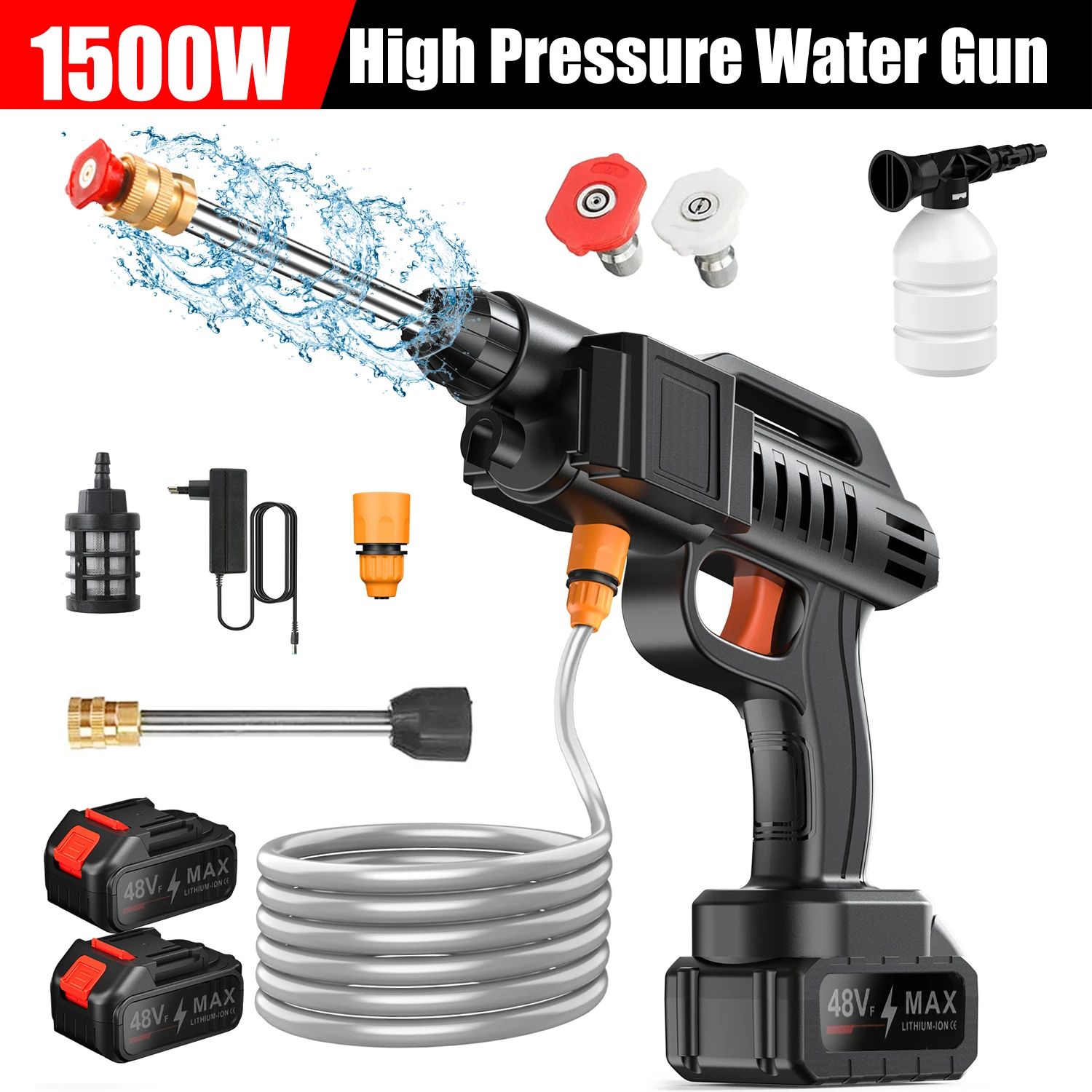 Nettoyeur haute pression portable 1500W 50 bars avec batterie 6000mAh/12000mAh, machine de nettoyage de voiture sans fil, arroseur de fleurs