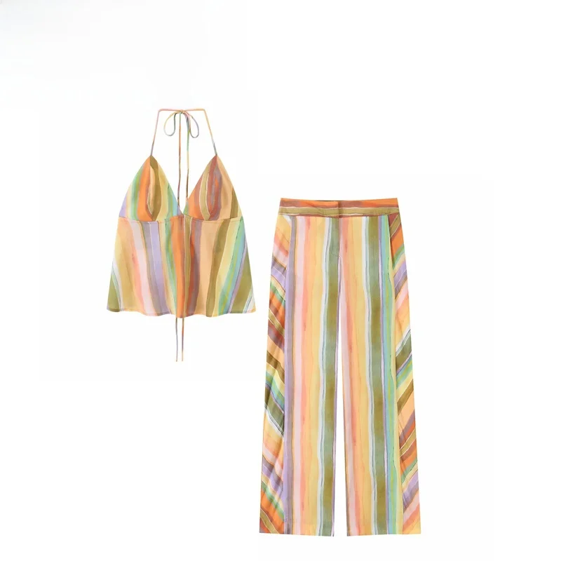 Fashionable Women's Wide Leg Pants Top Neck Hanging Design Polyester Fiber Short Length Striped Pattern Summer Season