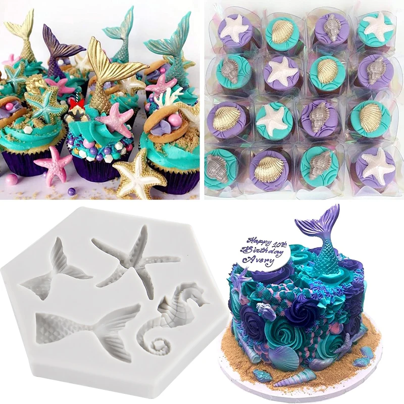 1pc Mermaid Tail Cookies Silicone Mold Sea Theme Seahorse Fondant Cake Mould Girls Mermaid Birthday Party Cake Decor Baking Tool