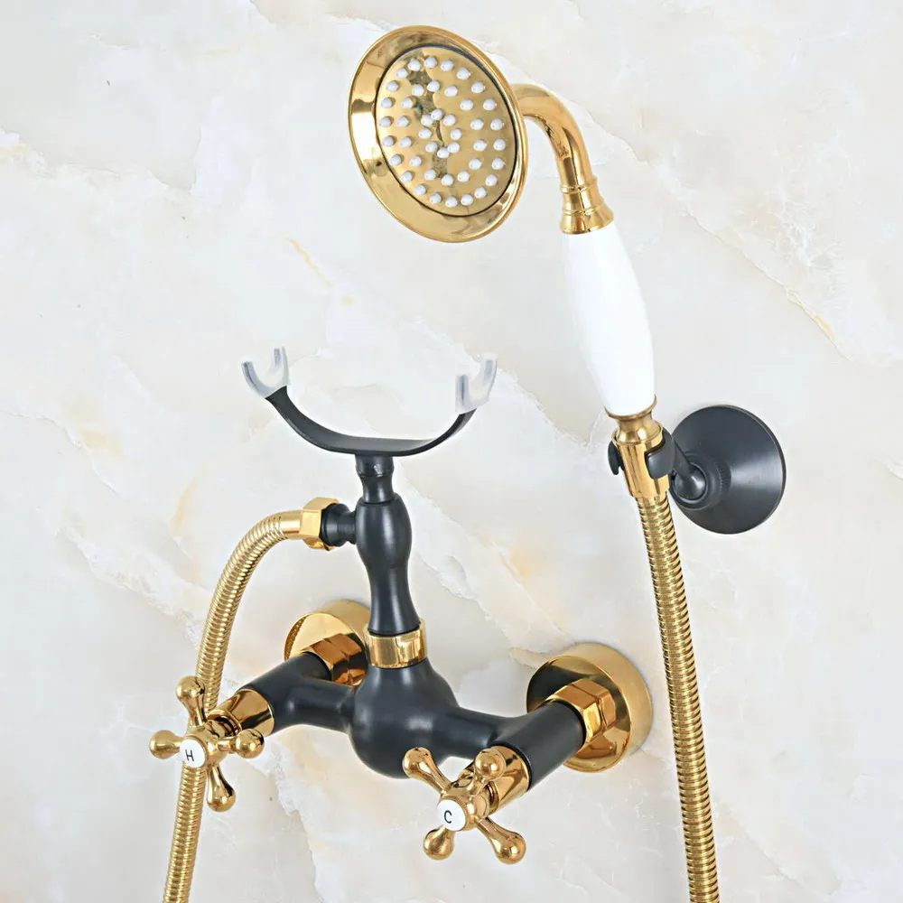 

Black Oil Rubbed & Gold Brass Wall Mount Bathtub Faucet with Handheld Shower Set +1500MM Hose Mixer Tap 2na534