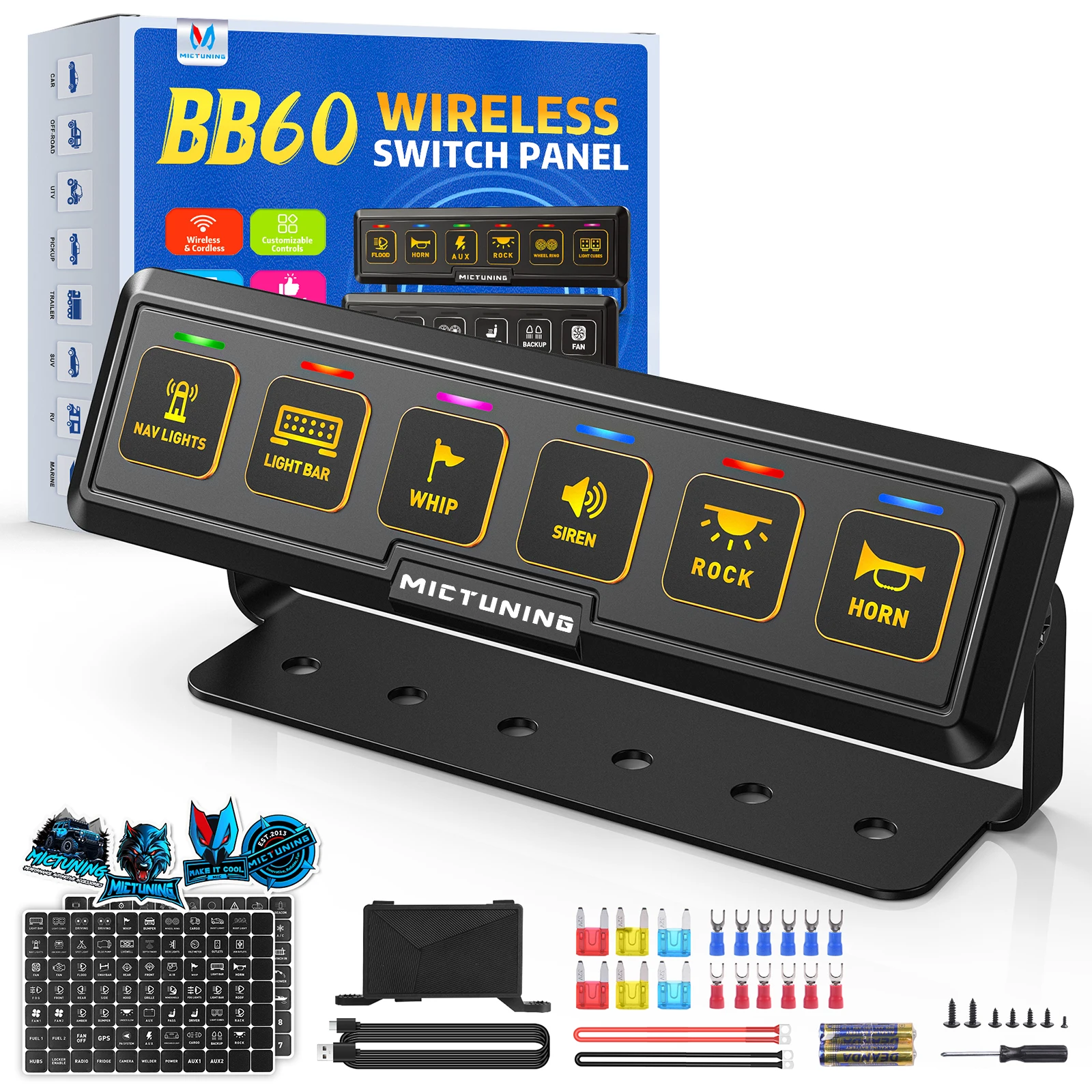 MICTUNING BB60 6-Gang Wireless Switch Panel,164FT Control Range Toggle Flash Strobe Momentary Control Panel For Offroad Truck